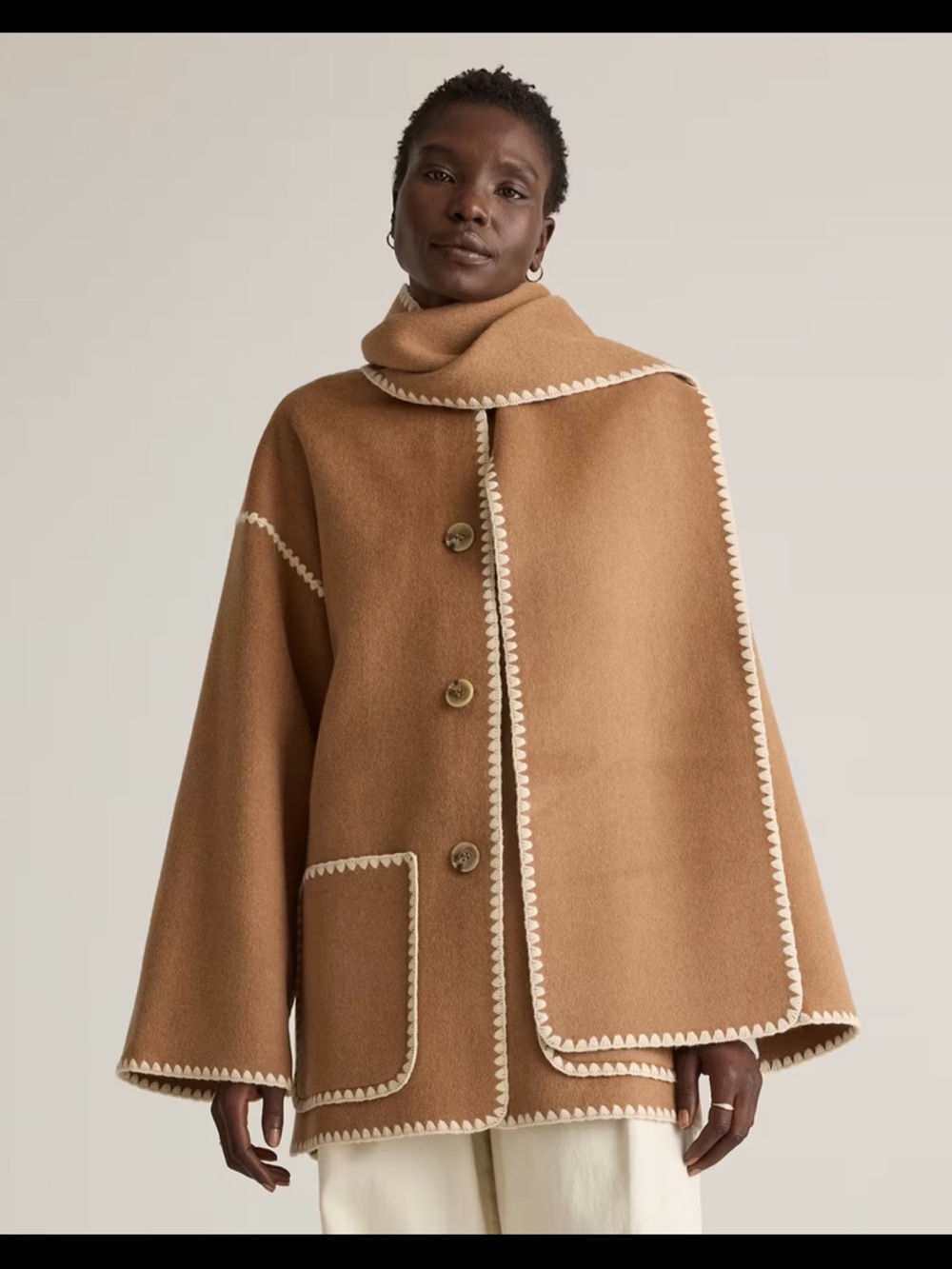 Quince Camel Cape Coat with Cream Trim